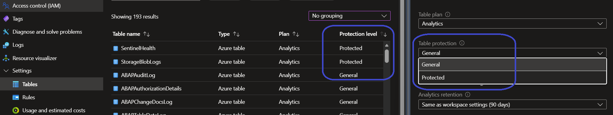 Table Protection settings